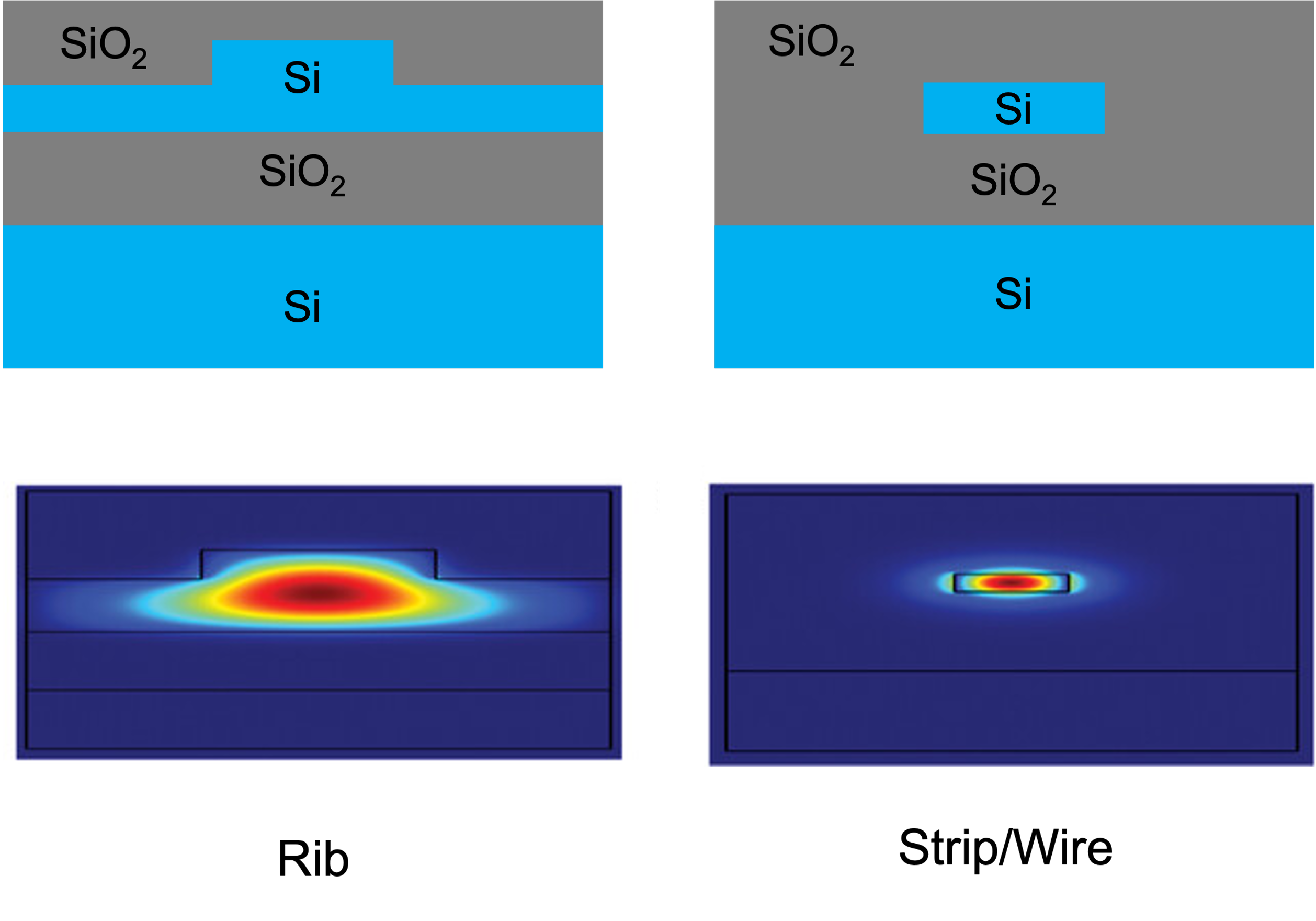 Rib and strip waveguide cross sections and optical energy distributions